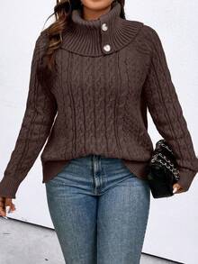 Calvaya Plus Size Women Cable Pattern Long Sleeve Casual Turtleneck Sweater, Autumn/Winter - Coffee Brown - View 5