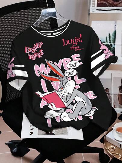 LOONEY TUNES X SHEIN Camiseta de manga corta de mujer con estampado de conejo y eslogan, con ribete de rayas de contraste, de estilo casual y urbano, para el verano