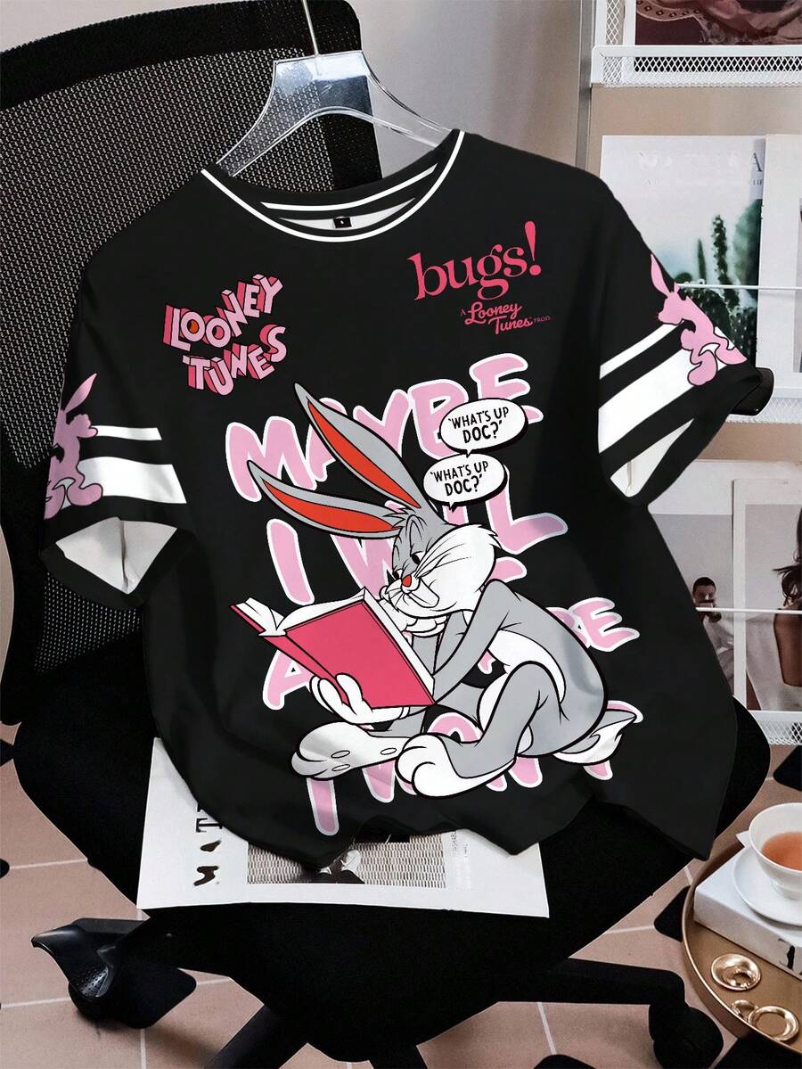 LOONEY TUNES X SHEIN 女式休闲时尚街头卡通兔子与口号图案撞色条纹短袖 T 恤，夏季 - 白色 - 查看 1
