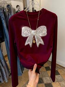 Resyla 蝴蝶结亮片刺绣长袖圆领T恤 - 酒紅色 - 查看 3