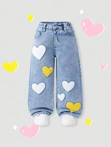 Young Girl' Retro Sweet Colorful Embroidered Casual Loose Comfortable Washed Light Blue Denim Wide Leg Pants
