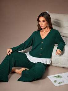 Lazeform Damen bequemer, lässiger Rüschen-Saum Loungewear Set in Grün, Langarm-Top & Hose Loungewear Set, Herbst- & Winterkleidung