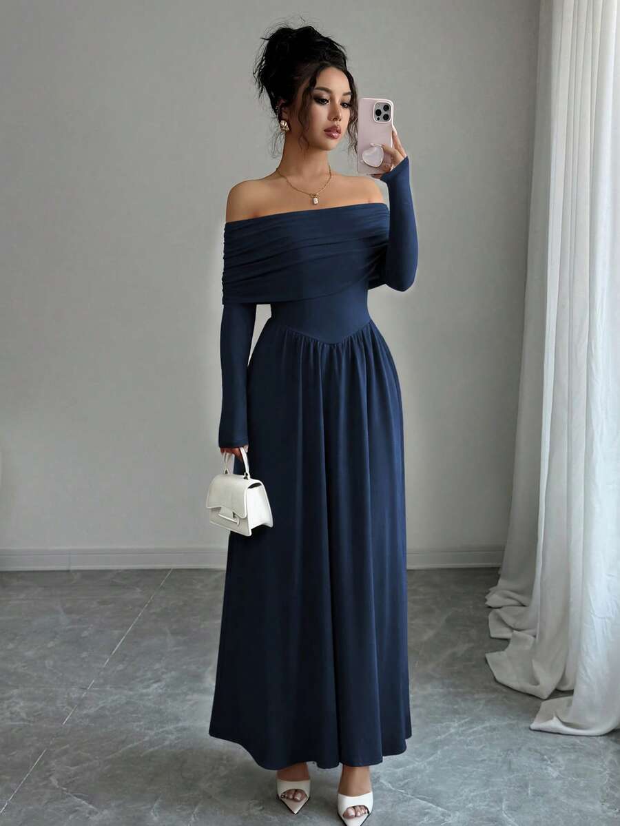 Elenzga Gaun Wanita Lengan Panjang Berlipit Tanpa Bahu dengan Warna Polos - Royal Blue - View 1