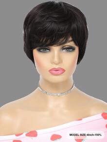 精灵短款假发，带仿头皮，直发，Remy 彩色真人发，机织短假发，自然黑色，女士假发