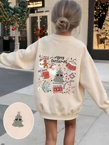 Modischer, süßer Weihnachtsmann & Weihnachtsbaum Muster Sweatshirt für Kleine Mädchen, Weihnachts-Grafik Rundhals-Pullover, geeignet für Herbst/Winter Feierlichkeiten und den täglichen Gebrauch