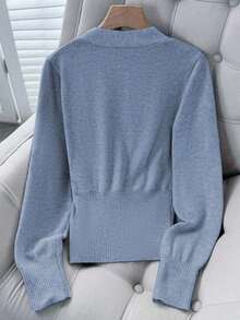 Franclia V领针织开衫，贝壳纽扣，优雅日常，秋冬 - 霧霾藍 - 查看 2