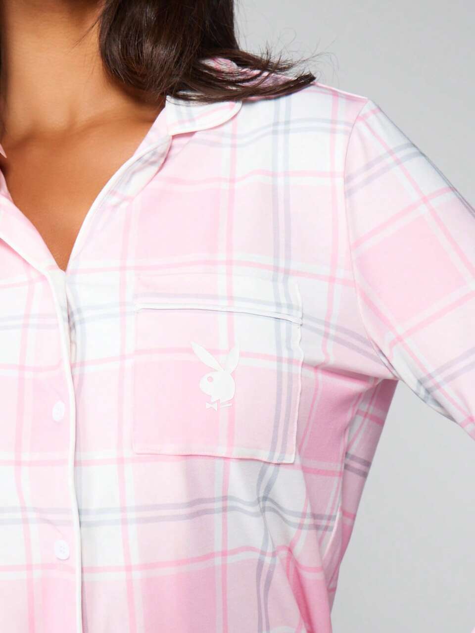 Missguided x Playboy Button Front Plaid Pajama Set Long Sleeve Top With Matching Wide Leg Sleep Pants Loungewear