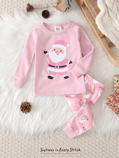 Cozy Pixies Conjunto de pijama de 2 piezas para bebé niña con parte superior de cuello redondo de manga larga y leggings de cintura elástica con estampado navideño de Papá Noel