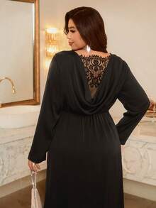 Firerie Plus Size Elegant Party Lace Patchwork Dress - Black - View 3