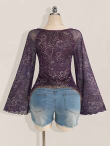 SHEIN ICON Camiseta de mujer con estampado de paisley bohemio para vacaciones, bajo asimétrico, mangas acampanadas, vintage Y2K, otoño