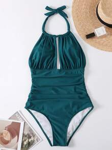 SHEIN Swim Solid Color Backless Halter One-Piece Swimsuit, Vacation & Beach - Teal Blue - View 4