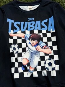 Captain Tsubasa X SHEIN Young Boy Classic Cartoon Graphic Round Neck Raglan Long Sleeve Knit Black T-Shirt - Black - View 4