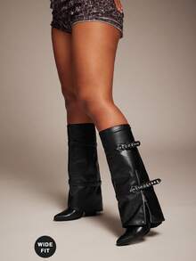 SHUZIA Women's Wide-Calf Fashionable Comfortable Point Toe Buckled Straps Fold Over Knee High Boots - Black - View 7