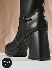 SHUZIA 女式宽筒时尚舒适粗跟及膝靴，带金属扣装饰 - 黑色 - 查看 7