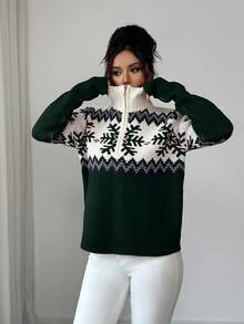 SHEIN Elenzya Elegant Women Sweater, Fair Isle Pattern, Color Block Zip-Up Sweater, Christmas Pattern, Autumn/Winter Sweater - Dark Green - View 3