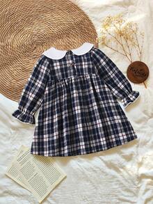 Vintaside Kids 女婴秋季红黑格子甜美翻领长袖连衣裙，适合外出、聚会、派对和休闲穿着 - 彩色 - 查看 2