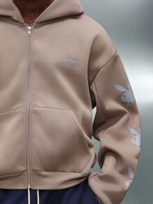 PLAYBOY X SUMWON Crop Fit Kapuzenpullover mit Reißverschluss und Bunny Logo, Mittel-Tasche, WinterlicheLässigal Streetwear-Stil - Braun - Übersicht 5