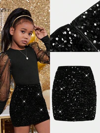 Tween Girl Glitter Black Suit Mini, Julfest Flickor Paljettkjol Flickor Glitterkjol