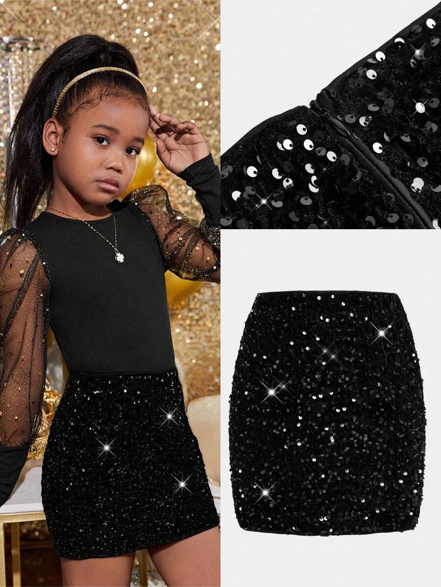 Tween Girl Sparkly Black Snug Fit Mini, Christmas Party Girls Sequin Skirt Girls Sparkle Skirt - Black - View 1