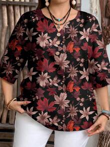 EMERY ROSE Plus Size Women Casual Leaf Print 3/4 Sleeve Shirt, Suitable For Summer - Multicolor - View 3