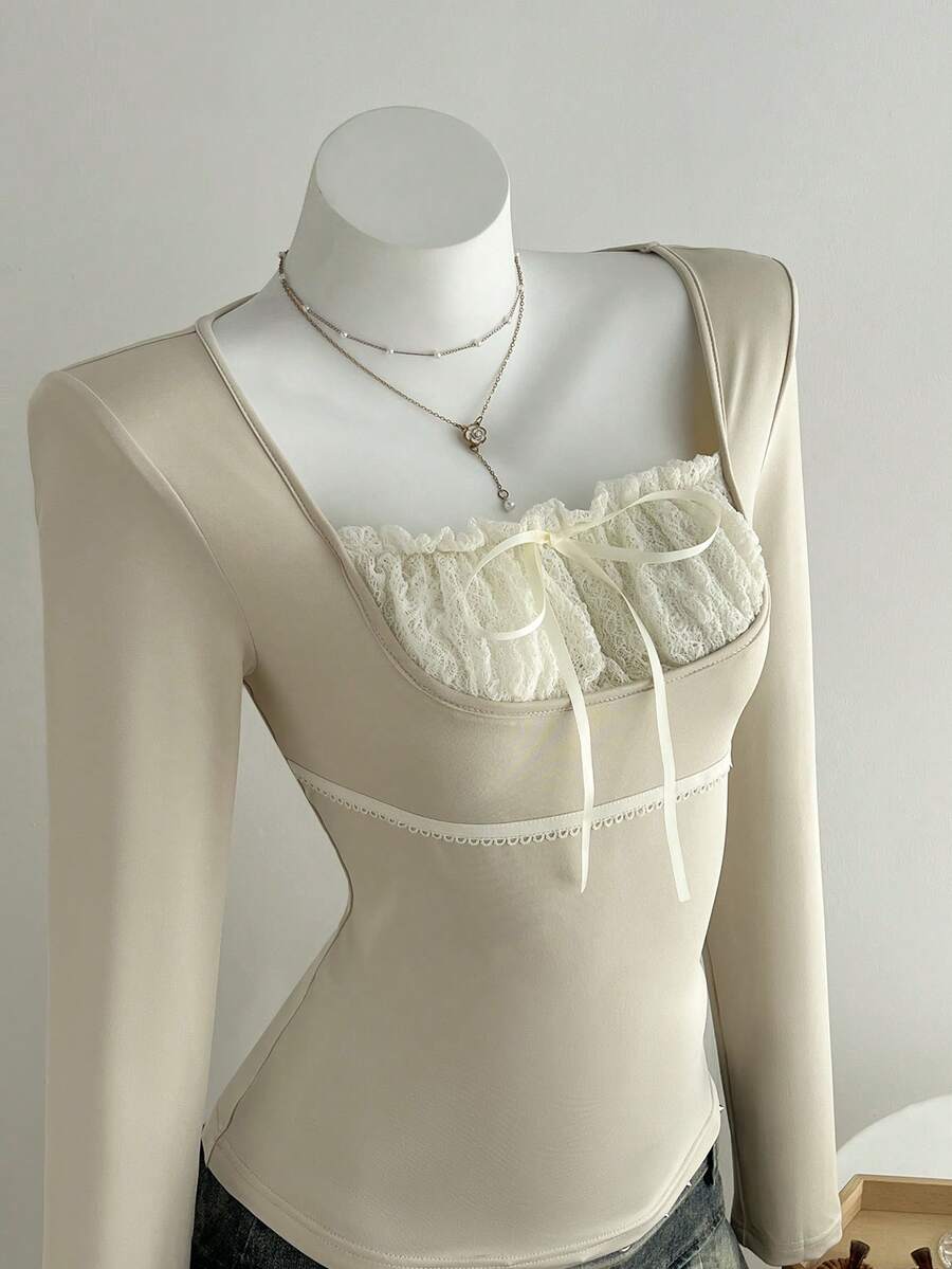 Elamini Áo thun cổ vuông tay dài phối ren tương phản thời trang thường ngày dành cho nữ, Thu/Đông - Màu Khaki - Xem 1
