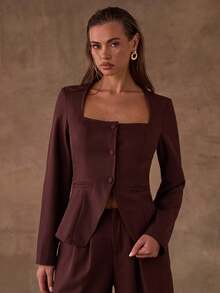 SHEIN BAE Áo khoác Blazer tối giản, ôm vừa vặn, màu trơn tinh tế - màu nâu - Xem 5