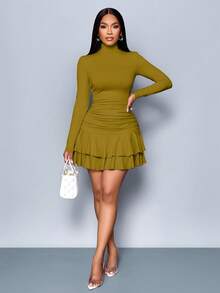 SOLERSUN 女士冬季连衣裙优雅优雅派对日间杏色针织高领长袖褶皱双褶迷你连衣裙 - 棕色 - 查看 4