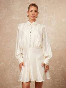 SHEIN Privé VITNOS 优雅灯笼袖迷你衬衫裙，采用光泽面料，秋季新款女装，适合晚宴、晚会、秋冬时尚、优雅休闲装扮、奢华派对礼服、时尚秋季装扮、派对造型、周末装扮、魅力连衣裙、秋冬职场装扮、精致浪漫、迷人浪漫礼服、秋季派对礼服、垂坠连衣裙、商务休闲装、毕业舞会礼服，适合约会、外出、夜生活、婚礼、假日、度假、生日等场合。 - 彩色 - 查看 4