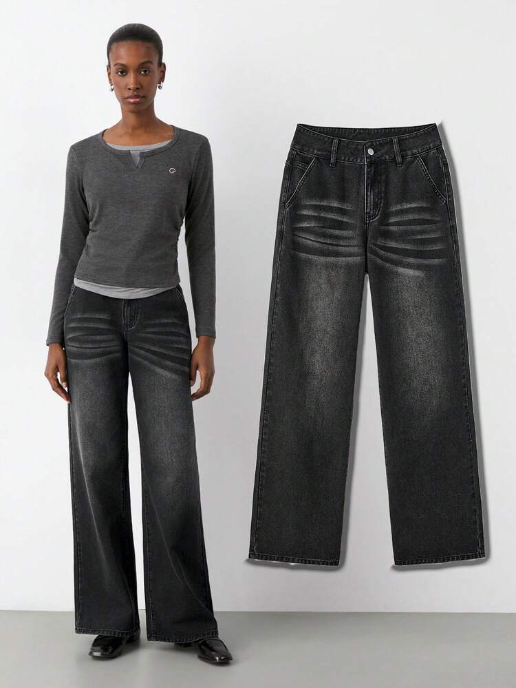 SHEIN Maija Women's Black Jeans Casual Straight Pants Retro Casual Wear Winter Clothes For Women