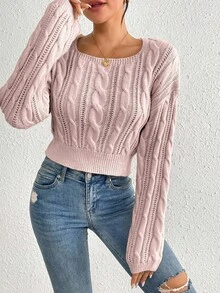 SHEIN LUNE Casual Solid Color Square Neck Cropped Sweater, Autumn - Dusty Pink - View 3