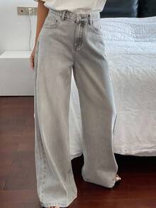 Dazy Tall Women's Casual Washed High Waist Wide Leg Jeans - Grey - View 5
