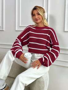 EURMUSE Casual Contrast Color Striped Loose Fit Sweater, Autumn/Winter - Burgundy - View 5