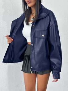 EURMUSE PU Leather Stylish Hidden-Fly Detailed Women's Jacket - Navy Blue - View 6