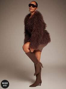 SHUZIA Women's Wide-Calf Fashionable & Comfortable Point Toe Side Zipper Kitten Heel Mid-Calf Boots For Christmas - Brown - View 2