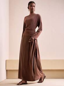 Zivah 2025秋冬新款音乐节、复活节、圣帕特里克节、西部、游牧风、生日派对、毕业典礼宽松圆领长袖衬衫和裹身裙舒适2件套 - 棕色 - 查看 1