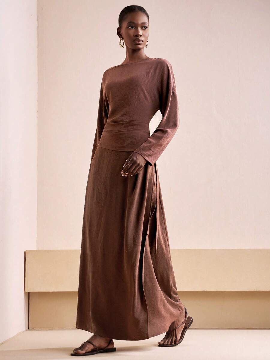 Zivah 2025秋冬新款音乐节、复活节、圣帕特里克节、西部、游牧风、生日派对、毕业典礼宽松圆领长袖衬衫和裹身裙舒适2件套 - 棕色 - 查看 1