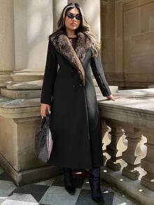 Xyvia 标准尺寸女式长款翻领大衣，仿毛领，双排扣，A 字型，秋冬款 - 黑色 - 查看 4