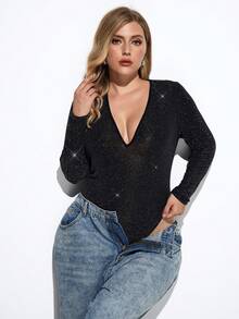 Maija Plus Size Women's Black Sequin V-Neck Bodysuit Bodysuit Plus Size Sequin Plus Size Tops Plus Size Plus Size Sweater Plus Size Jumper - Black - View 1