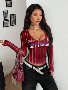 Coolane Áo thun nữ cổ chữ V phong cách đường phố Y2K có huy hiệu chữ cái tiếng Anh sọc và họa tiết in hip hop đường phố, thích hợp cho các buổi đi chơi, sang trọng - Nhiều màu - Xem 5