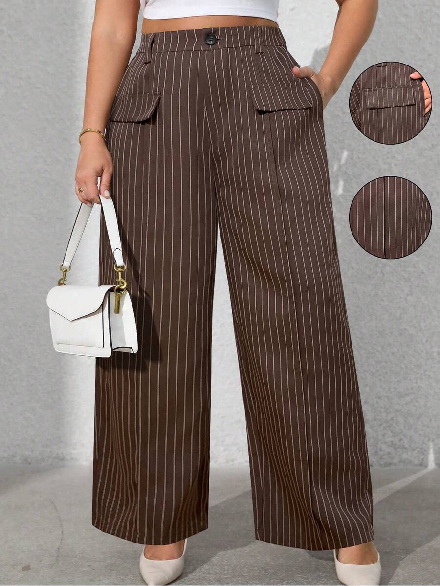 EMERY ROSE 秋冬大码女式法式休闲优雅条纹长裤 - 棕色 - 查看 1