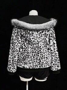 Sweetra 豹纹仿皮草简约帽和短款复古休闲夹克 - 黑與白 - 查看 2