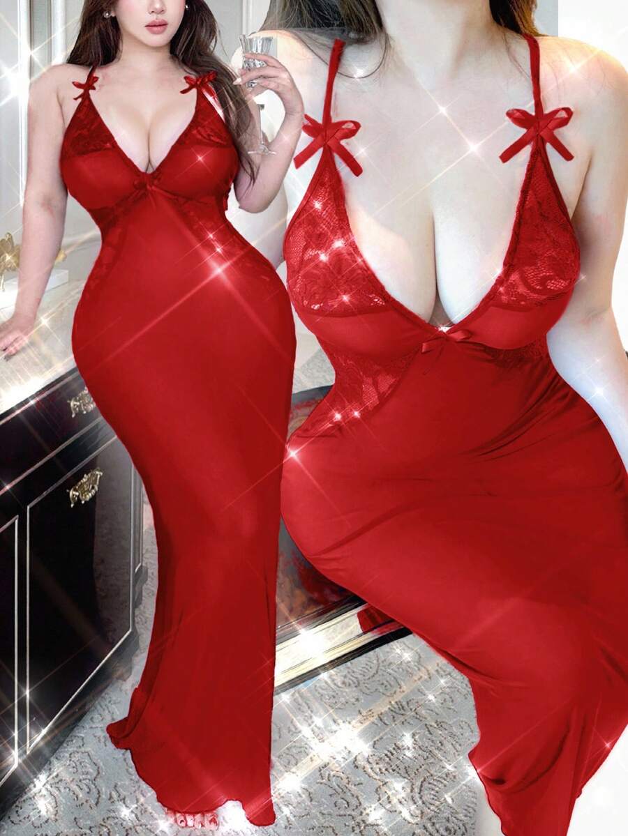 Flirla Robe moulante sexy grande taille avec col en V, patchwork en dentelle, décoration nœud, manches chauve-souris, affinante et mettant la taille en valeur - Rouge - Voir 1