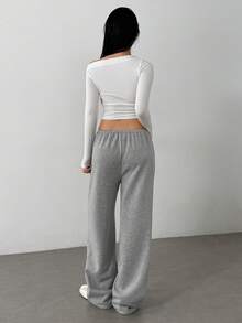 Flirla 1 件女士休闲、运动、街头、校园风格保暖内衬直筒裤，低腰，口袋，抽绳，松紧腰，宽松运动裤，适合学校、日常穿着、运动 - 淺灰色 - 查看 2