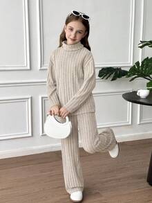 SHEIN مجموعة ملابس علوية كم طويل رقبة عالية مضلع مناسب وبنطال ساق واسعة مريح للفتيات المراهقات، للعودة إلى المدرسة، للارتداء اليومي أو التنسيق مع طبقات أخرى - كاكي - مشاهدة 3