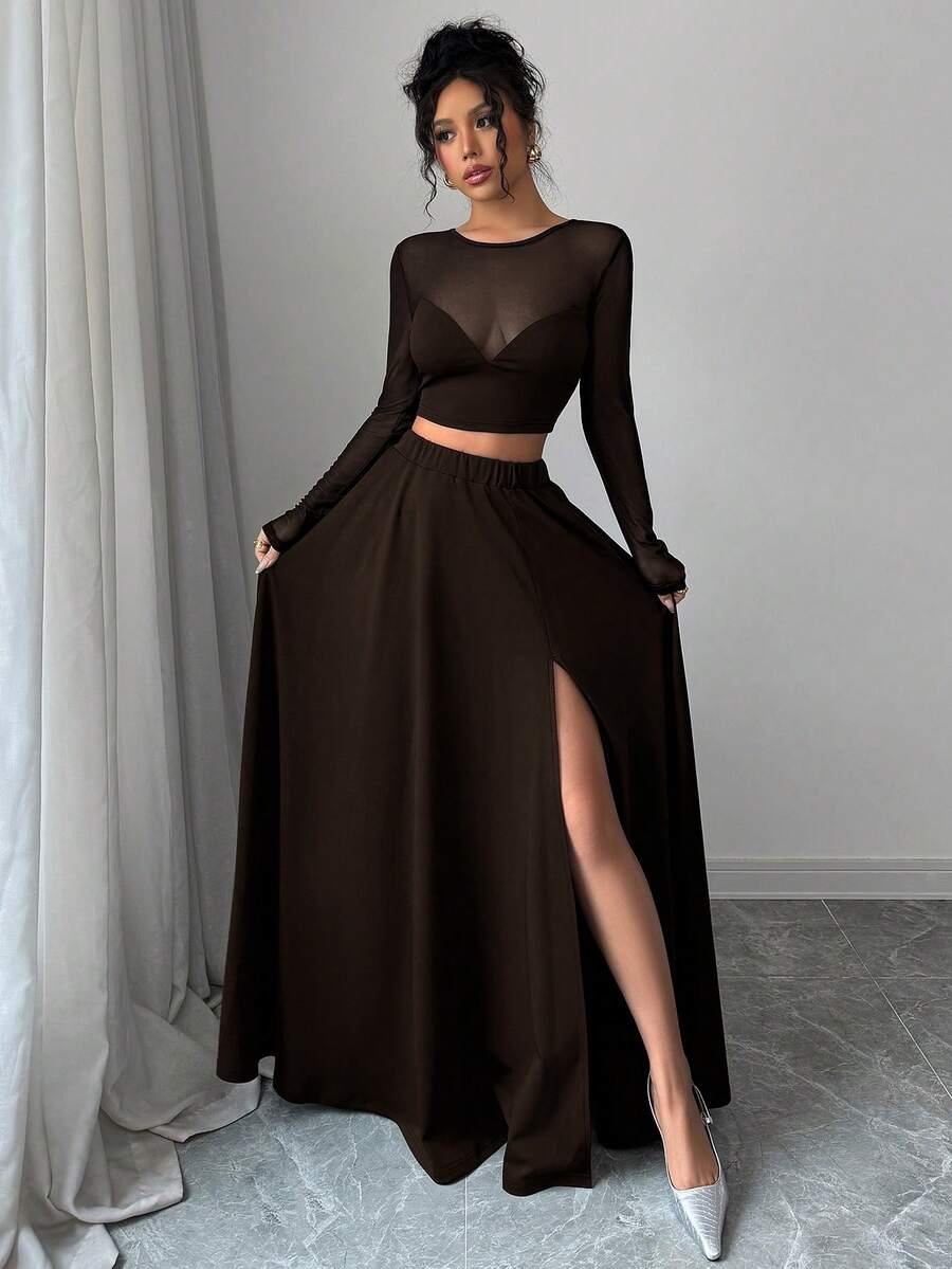SHEIN Unity 2 件女式网眼拼布 T 恤和长裙套装,极简性感装扮,适合度假、情人节、音乐节、返校、日常穿着、春夏季,长袖 - 咖啡棕 - 查看 1