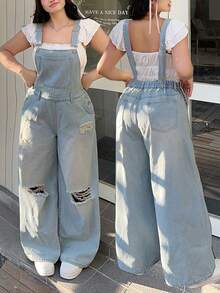 SHEIN CURVE+ Plus Size Women Pocket Distressed Wide Leg Loose Casual Versatile Denim Jumpsuit - Light Wash - View 2