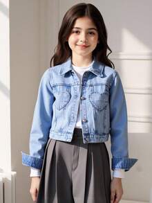 Sparklyn Tween Girls Y2K Style Denim Jacket And Coat, Vintage Light Blue Denim Color, Heart-Shaped Pocket, Fitted Silhouette, Comfortable Soft Fabric, Versatile For Daily, School And Commute, Spring/Summer/Autumn/Winter