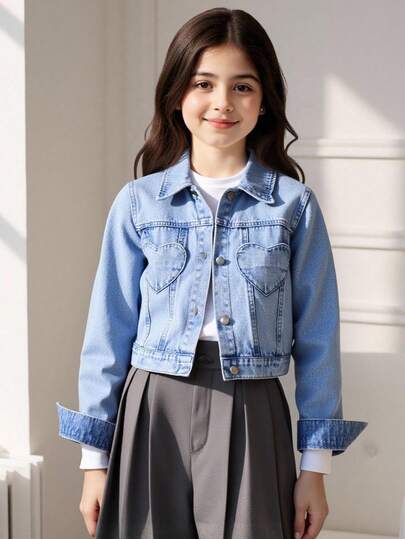 Sparklyn Tween Girls Y2K Style Denim Jacket And Coat, Vintage Light Blue Denim Color, Heart-Shaped Pocket, Fitted Silhouette, Comfortable Soft Fabric, Versatile For Daily, School And Commute, Spring/Summer/Autumn/Winter