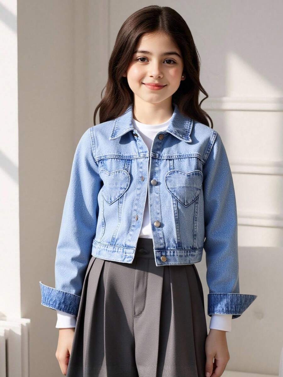 Sparklyn Tween Girls Y2K Style Denim Jacket And Coat, Vintage Light Blue Denim Color, Heart-Shaped Pocket, Fitted Silhouette, Comfortable Soft Fabric, Versatile For Daily, School And Commute, Spring/Summer/Autumn/Winter