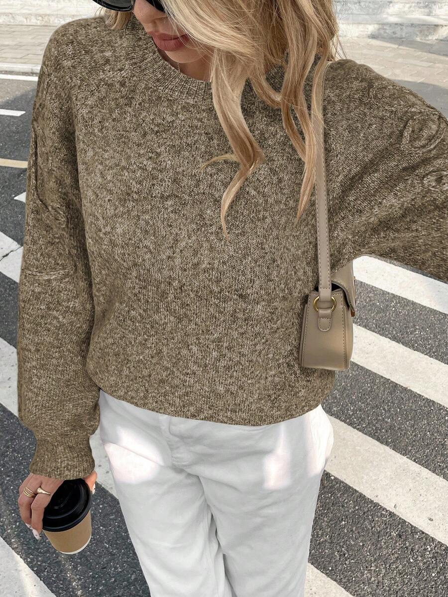 Serisse Suéter holgado de cuello redondo con hombros caídos y estampado floral hecho a mano para mujer, otoño/invierno - Marrón Mocha - Ver 1